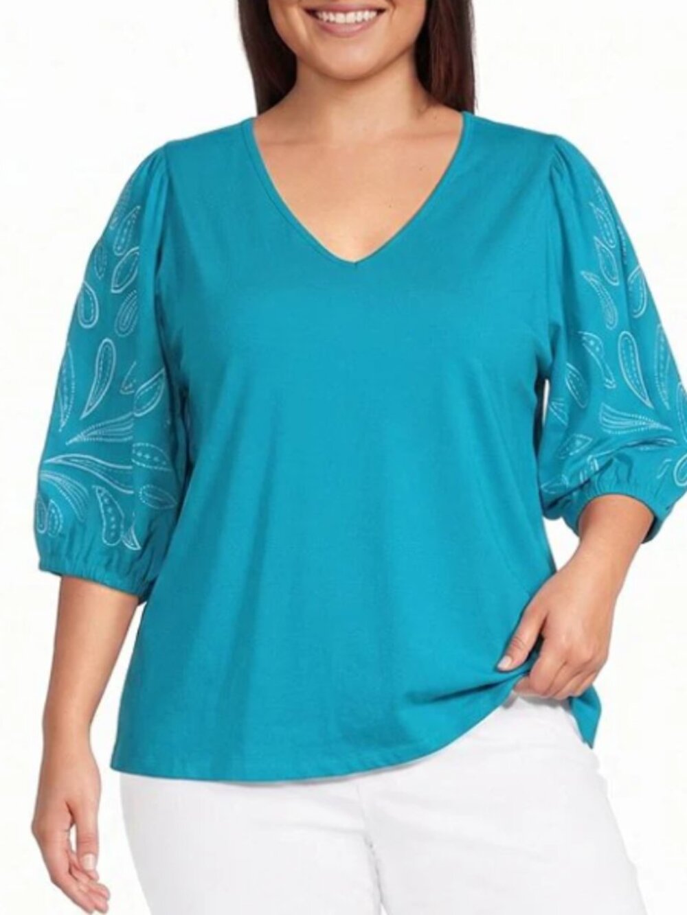 Investments Plus Size Elbow Sleeve Embroidery V-Neck Knit Top Sz 1X